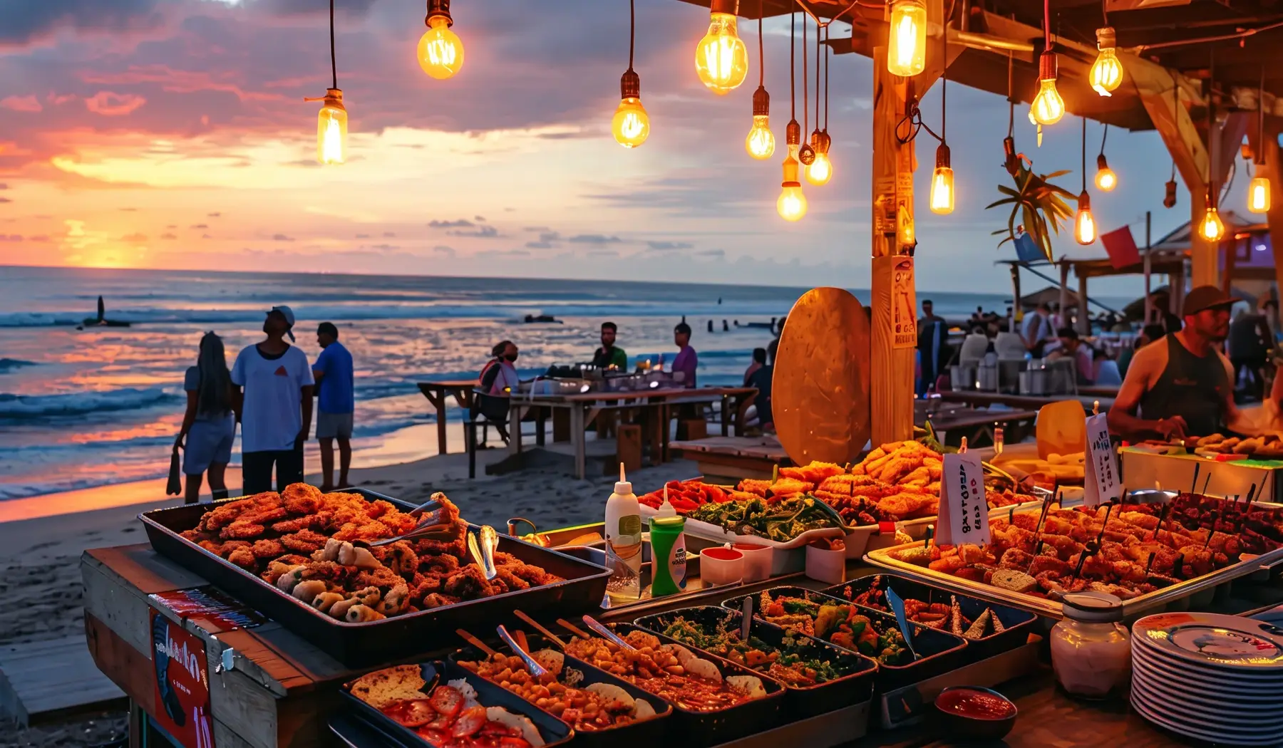 Beachfront dining at Swahili Coast Villas at sunset, lit by string lights
