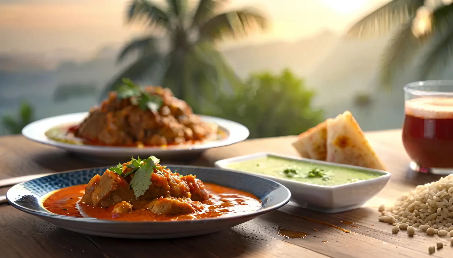 Two curries served with flatbread and a cold drink